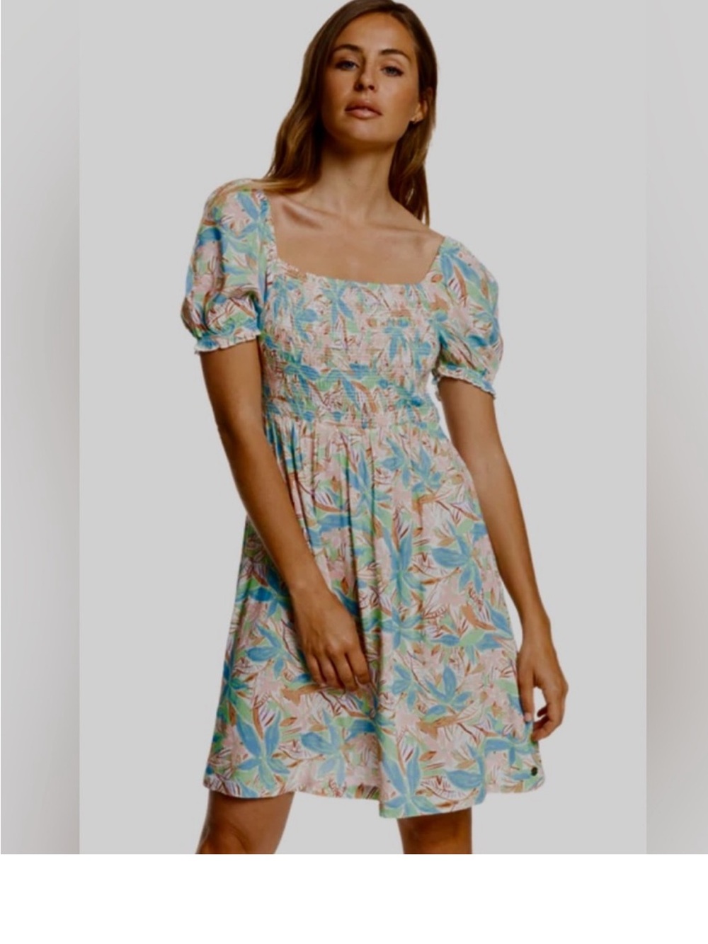 Roxy Women’s M Tropical Floral Smocked Mini Dress Puff Sleeve Boho Beach